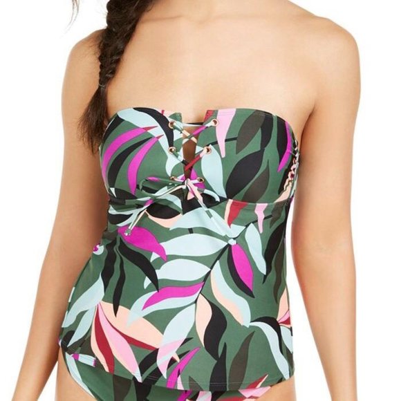 Hula Honey Green Swim Top Size Medium Tankini Tropical Print Lace Up Strapless - Picture 1 of 8